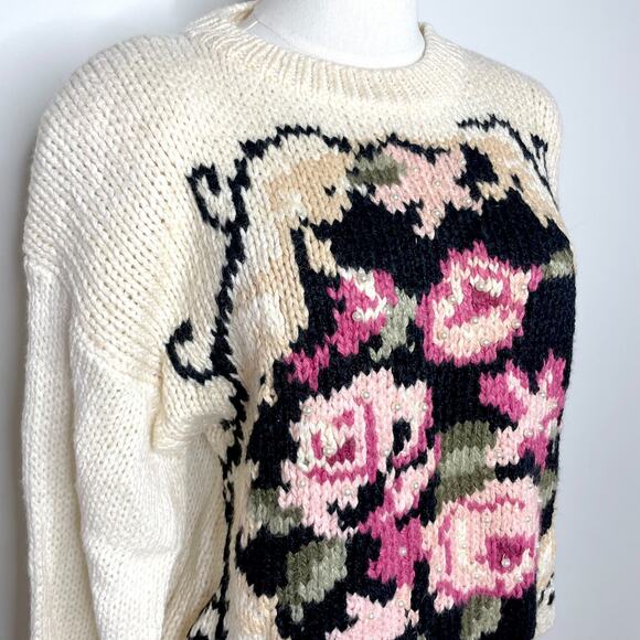 Vintage 80s Deadstock Floral Pearl Boho Cottagecore Coastal Soft Girl Sweater L - Picture 3 of 7
